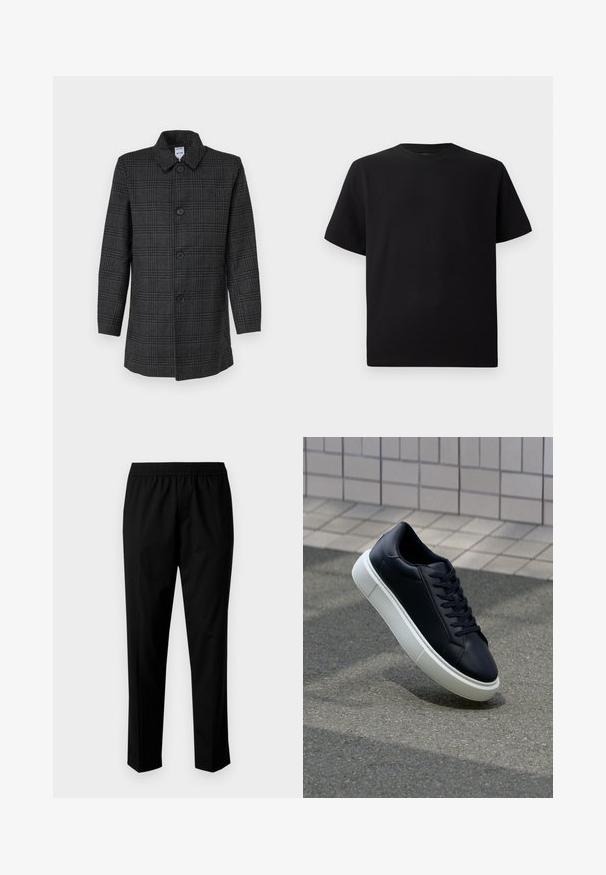 Schwarzer karierten Mantel mit Kragen und fünf Knöpfen vorne. Lange Ärmel, gerader Schnitt und weicher, strukturierter Stoff.; Schwarzes Kurzarm-T-Shirt aus strukturiertem Stoff, mit einem Rundhalsausschnitt und einer lockeren Passform. Einfach, ohne Muster oder Akzente.; Schwarze Hose mit einem elastischen Bund und einem geraden Bein Design. Der Stoff wirkt glatt mit einer matten Textur, ohne sichtbare Muster.; Schwarze Leder-Sneaker mit runder Zehenpartie und weißer Gummisohle. Verfügt über flache Schnürsenkel und minimale Nähte im Obermaterial. Strukturiertes Sohlenprofil für besseren Halt.