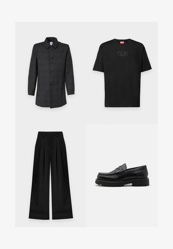 Pilkai languotas vilnos mišinio paltas su apykakle, šešiais mygtukais priekyje ir ilgomis rankovėmis. Įprastos kirpimo.; Juodas medvilninis marškinėliai su apvaliu kaklu, trumpomis rankovėmis ir tekstūruotu ovaliu logotipu tamsesniu atspalviu ant krūtinės. Raudonas prekės ženklas ant kaklo.; Juoda škotų raštu plačių kojų kelnės su raukiniais, turinčios lygią tekstūrą ir klasikį dizainą. Lengvas audinys patogumui.; Juodi odiniai loaferiai su apvaliu priekiniu galiuku, tekstūruotais akcentais priekyje ir masyviu guminėmis padais su grioveliais geresniam sukibimui.