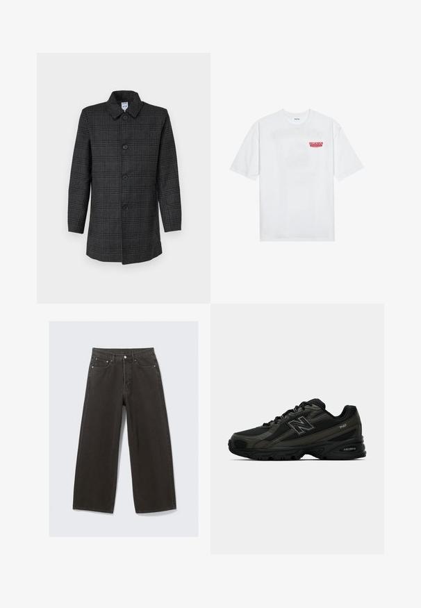 Siv plaščen kaput iz volnenega materiala, ki ima ovratnik, šest gumbov spredaj in dolge rokave. Redna prileganje.; Bela bomba majica iz bombaža z kratkimi rokavi, krožno ovratnikom in rdečim grafičnim besedilom "OKUSNO OSVEŽILNO SADJE" na sprednji strani.; Široke črne kavbojke iz denima imajo visok pas, design s petimi žepi in zapiranje na gumb. Tkanina ima mehak, teksturiran zaključek.; Črne atletske čevlje s teksturiranim sintetičnim zgornjim delom, ki imajo podložen podplat in izstopajoč "N" logotip na strani. Oblikovanje vključuje lahkotne mrežaste sekcije.