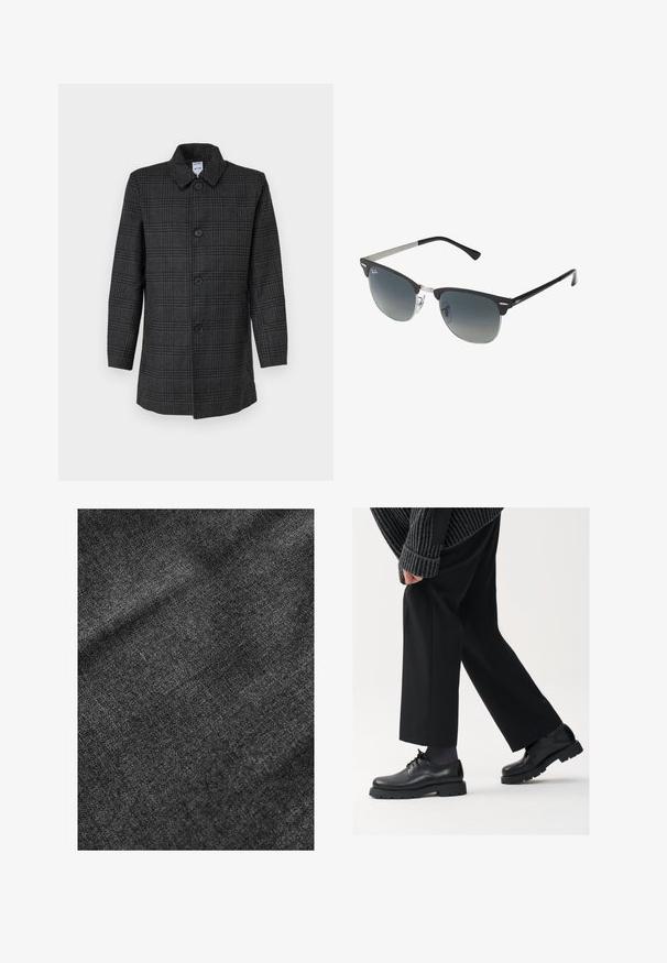 Grauer Karomantel aus einer Wollmischung, mit einem Kragen, sechs Knöpfen auf der Vorderseite und langen Ärmeln. Reguläre Passform.; Drei-T-Shirt-Pack: eines in Schwarz und zwei in Weiß. Jedes T-Shirt hat einen Rundhalsausschnitt, kurze Ärmel und besteht aus glattem Baumwollstoff.; Strukturierter schwarzer Stoff mit einer weichen, leicht glänzenden Oberfläche, die ein dezentes Webmuster und einen geschmeidigen Fall aufweist.; Schwarze Lederschuhe mit einer runden Spitze, Schnürdesign und dicker, strukturierter Sohle. Getragen mit maßgeschneiderten schwarzen Hosen und einem gerippten Pullover.; Schwarze und silberne Sonnenbrille mit Katzenaugenform, verlaufenden Gläsern und metallischen Akzenten im Rahmen. Plastische Bügel mit grauen Spitzen.