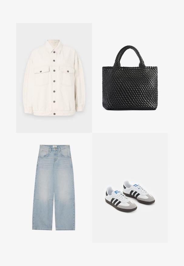 Bēškrāsas džinsi jaka ar garām piedurknēm, pogām slēdzamā priekšpuse, divas krūšu kabatas ar pogām un klasisku apkakli uz vienkārša fona.; Divi bezplecu bodijsu komplekts olīvu zaļā un melnā krāsā. Izgatavoti no gludas auduma ar apaļu izgriezumu un augstu kāju griezumu.; Gai zilgani plati denim džinsi ar augsto vidukli, piecām kabatām un maigu izbalēšanu; iekļauj kontrastējošu šuvumu un pogu aizdari.; Sporta apavi ar balto ādas virsu, pelēku zamšādas purngalu un trim melnām svītrām. Iezīmē zilu logotipu uz mēles un teksturētu gumijas zoli.; Melna austu iepirkumu soma ar divām rokturiem, ar teksturētu virsmu un taisnstūrveida formu. Vienkāršs, unikāls dizains bez redzamiem stiprinājumiem.