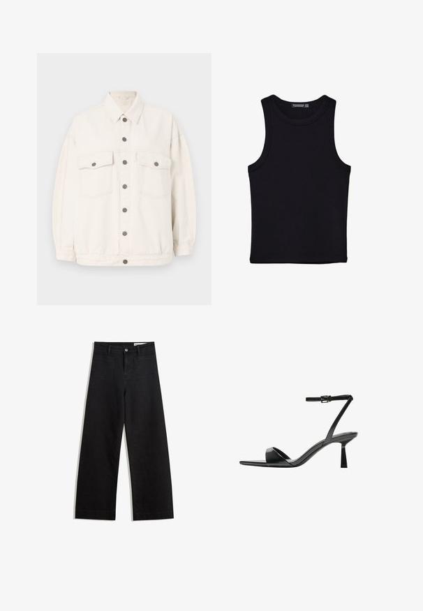 Svijetlosivi traper jakna s dugim rukavima, prednjim zakopčavanjem na gumbe, dva prednja džepa s preklopom i gumbima, te klasičnom ovratnikom na jednobojnoj pozadini.; Crni top bez rukava od pamuka, s okruglim izrezom i širokim izrezima za ruke. Glatka tekstura s ušivenim rubovima. Klasičan, minimalistički dizajn.; Crne široke traperice s visokim strukom, s prednjim i stražnjim džepovima, šivenim šavovima i kopčanjem na gumb. Glatka tekstura.; Bershka Sandale s visokom petom - black