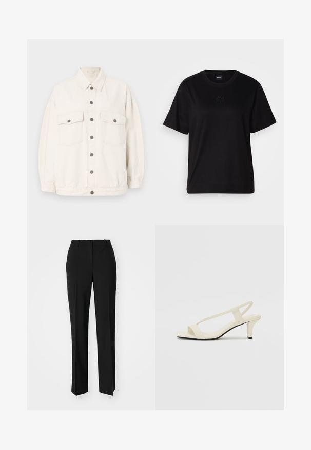 Gräddvit denimjacka med långa ärmar, knappstängning framtill, två bröstfickor med klaff och knappar, samt en klassisk krage på en enfärgad bakgrund.; Svart bomullströja med rund halsringning, korta ärmar och en broderad logotyp på bröstet. Enkel, avslappnad passform utan mönster.; Svarta skräddarsydda byxor med rak benform, med en slät yta och skarpa veck fram. Ingen synlig hårdvara.; Beige blockklackade sandaler med tunna remmar och fyrkantig tå. Slätt material med minimal detaljering, utformade för enkel användning.