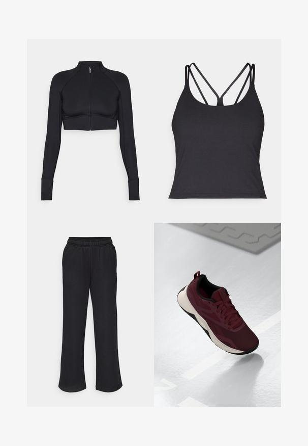 Mustat lyhyet takit, jotka on valmistettu joustavasta materiaalista, korkea kaulus, pitkät hihat, vetoketju edessä ja tasotikkaukset.; Musta tank top ohutse olatustega, millel on risttõmme seljal. Valmistatud pehmest ja venivast materjalist, millel on keha lähedane siluett.; Mustat verkkarit, joissa on levenevä muoto, joustava vyötärö ja sivutaskut. Valmistettu pehmeästä kankaasta, jossa ei ole näkyviä kuvioita tai yksityiskohtia.; Maroon urheilukengät, joissa on verkkovuori, mustat yksityiskohdat ja pehmustettu valkoinen pohja. Varustettu nauhoilla suljettavalla systeemillä ja kantapään vetotukiremmillä.