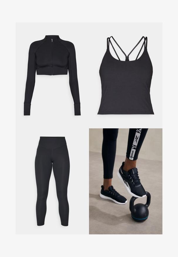 Chaqueta corta negra hecha de material elástico, con cuello alto, mangas largas, cremallera frontal completa y costuras planas.; Top negro sin mangas con tirantes finos y un diseño entrecruzado en la parte posterior. Confeccionado en un material suave y elástico con una silueta ajustada.; Leggings negros de cintura alta, con textura suave y diseño ajustado. Cuentan con costuras planas y cobertura completa sin patrones.; Zapatillas deportivas negras con una parte superior texturizada, suela blanca y acentos grises, posicionadas sobre una kettlebell negra con una franja azul, contra un fondo neutro.