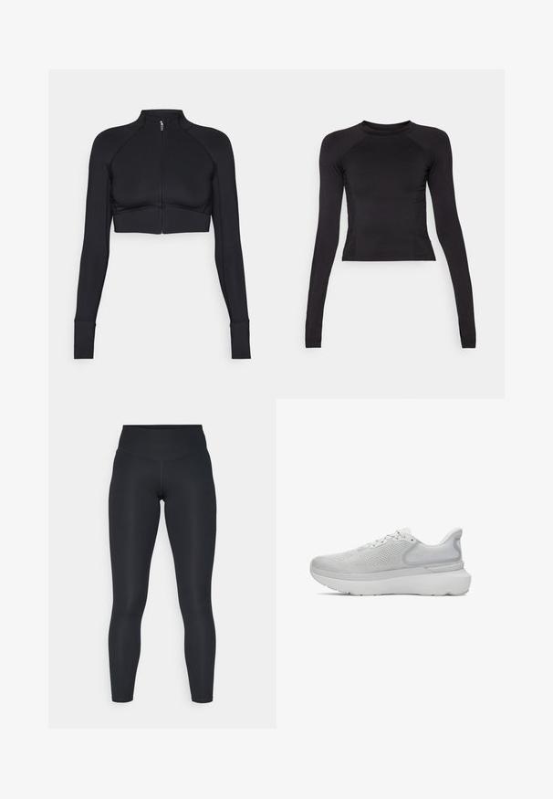 Zwarte cropped jack van rekbaar materiaal, met een hoge kraag, lange mouwen, volledige ritssluiting aan de voorkant en platte naden.; Zwarte lange mouwen crop top van rekbaar materiaal, met een ronde halslijn en raglanmouwen met subtiele stiknaaddetails.; Zwarte leggings van rekbaar materiaal, met een hoge tailleband, een gladde textuur en een lichaamsnauwsluitende pasvorm. Geen zichtbare patronen of bevestigingsmiddelen.; Lichtgrijze sportieve schoen met een ademend bovenwerk van mesh, een ronde neus, een cushioned zool en subtiele branding op de hiel.