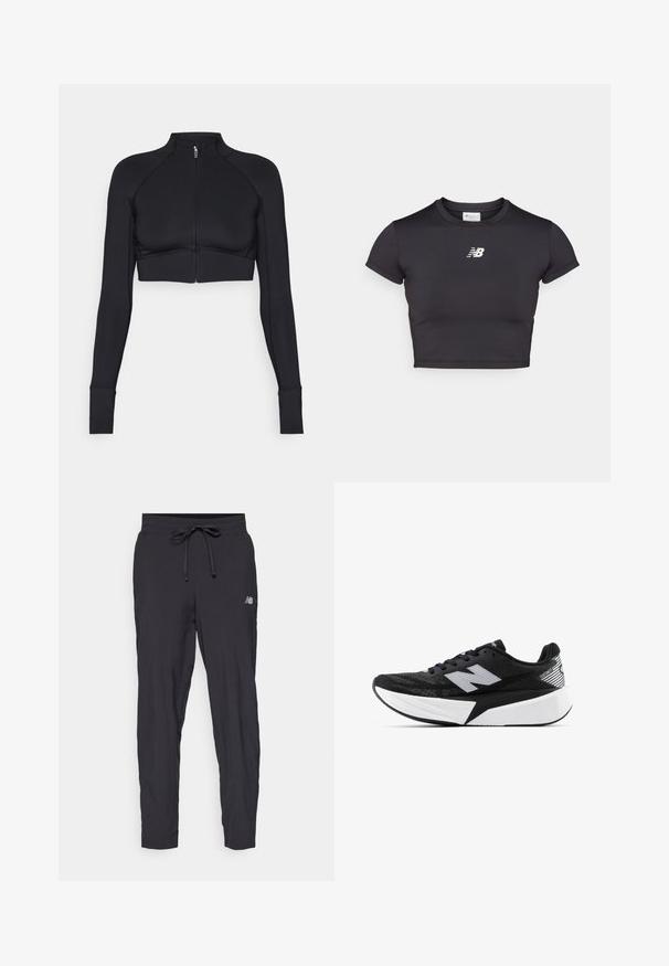 Zwarte cropped jack van rekbaar materiaal, met een hoge kraag, lange mouwen, volledige ritssluiting aan de voorkant en platte naden.; Zwarte, cropped sportt-shirt met korte mouwen, gemaakt van rekbare stof. Heeft een wit logo aan de voorkant, een ronde halslijn en een getailleerd ontwerp.; Zwarte trainingsbroek van lichtgewicht materiaal met een elastische tailleband en een verstelbaar trekkoord. Beschikt over een klein logo aan de zijkant.; Zwart-witte New Balance hardloopschoen met een dikke zool, bovenwerk van mesh en het "N"-logo aan de zijkant, bekeken vanaf de buitenzijde.