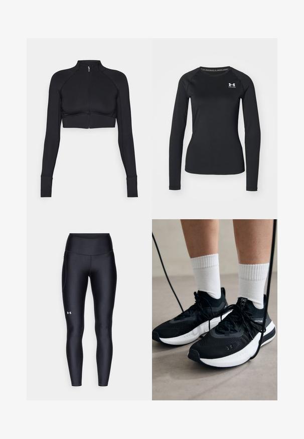 Black cropped jacket made of stretchy material, featuring a high collar, long sleeves, full front zipper, and flat seams.; Black long-sleeve athletic shirt made of smooth fabric, featuring a round neckline and a small white logo on the left chest.; Black leggings made of smooth, stretchy material with a high waistband. Features a white logo on the left thigh and fitted design.; Black athletic shoes with textured fabric, white sole, and black laces. Worn with white ribbed socks, standing on a light surface.