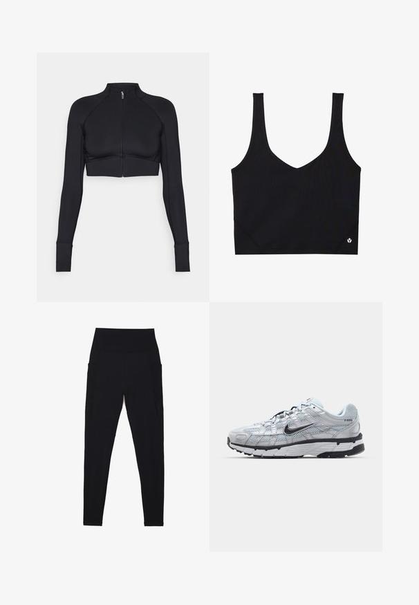 Svart cropped jakke laget av elastisk materiale, med høy krage, lange ermer, hel glidelås foran og flate sømmer.; Svart sports-bh med brede stropper, V-halsdesignet, teksturert stoff og logodetalj ved kanten. Glatt overflate, minimalistisk stil.; Svart leggings laget av elastisk stoff med høy, ripset liv. Har sidelommer og sømløst design for komfort.; Nike P-6000 sneakers med en lys grå mesh-overdel, sorte detaljer og en slitesterk svart gummisåle. Har et intrikat design og snøresystem.