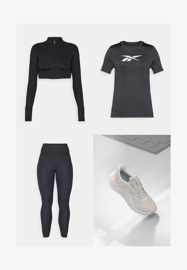 Giacca nera cropped realizzata in materiale elastico, con colletto alto, maniche lunghe, zip frontale completa e cuciture piatte.; T-shirt nera a maniche corte realizzata in tessuto liscio, con logo bianco sul petto. Collo rotondo e vestibilità regolare.; Leggings neri a vita alta con texture a coste, dal design aderente e lunghezza completa. Presentano un ampio cinturino per un adeguato supporto.; Scarpa atletica di un beige chiaro con tomaia perforata, accenti testurizzati, collo imbottito e suola in gomma bianca, progettata per comfort e traspirabilità.