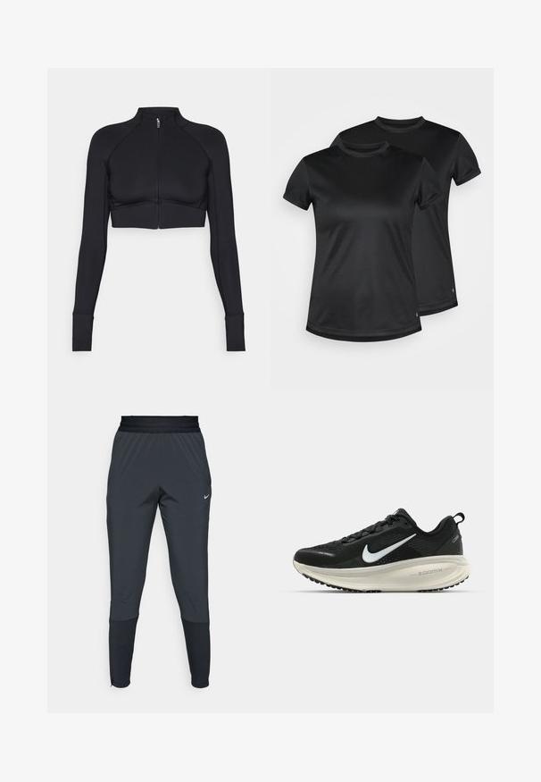 Mustat lyhyet takit, jotka on valmistettu joustavasta materiaalista, korkea kaulus, pitkät hihat, vetoketju edessä ja tasotikkaukset.; Musta lyhythihainen t-paita, valmistettu sileästä, hengittävästä kankaasta, pyöreällä kaula-aukolla. Kaksi paitaa esillä, molemmissa hillitty logoyksityiskohta.; Nike urheiluhaalareita tummanharmaana, joissa on kapeneva lahjesuunnittelu, joustava vyötärö ja korostedetaileja lahkeiden läheisyydessä.; Mustat Nike-juoksukengät, joissa on hengittävä verkko-osa, valkoinen swoosh-logo, teksturoitu yksityiskohtaus ja kermaisen värinen ZoomX-välipohja.