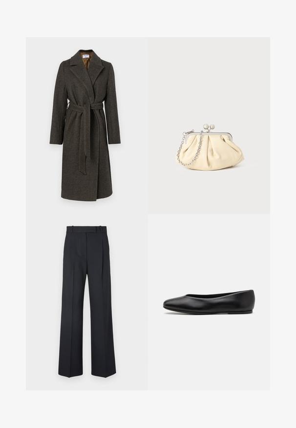 Tamno sivi vuneni kaput s dizajnom omote, s orezanom kragnom, dugim rukavima i tekstilnim pojasom. Ima suptilnu herringbone teksturu.; Crni pleteni pulover s dugim rukavima, okruglim izrezom i malim bijelim srcem na prsima. Meka tekstura s rebrastim manžetama i donjim rubom.; Tamno plave prugaste hlače visokog struka, širokih nogavica, bez vidljive opreme ili ukrasa. Glatka tekstura i kroj prilagođen tijelu.; Paul Smith TOPANGA - Balerinke - black; Nabrana bež kožna torbica s srebrnim metalnim okvirom, koja sadrži dva okrugla dekorativna kopčanja i srebrnu lančanu naramenicu.