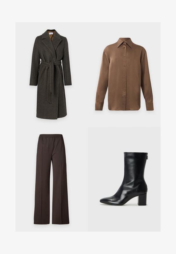 Sötétszürke gyapjú kabát, átkapcsolható fazonnal, szögletes gallérral, hosszú ujjakkal és szövetövvel. Finom halszálka-textúrával rendelkezik.; Barna, hosszúujjú, gombos ing, hegyes gallérral és mandzsettákkal, egyszerű fehér háttér előtt kiemelve.; Sötétbarna anyagból készült, bő szárú nadrág, rugalmas derékkal, sima textúrával és letisztult vonalakkal a sikkes megjelenés érdekében.; Fekete bőr bokacipő hegyes orral és 4 cm-es blokkfallal. Simán díszített designja oldalra nyíló cipzárral rendelkezik, ami megkönnyíti a felvételt. Simább textúrával.