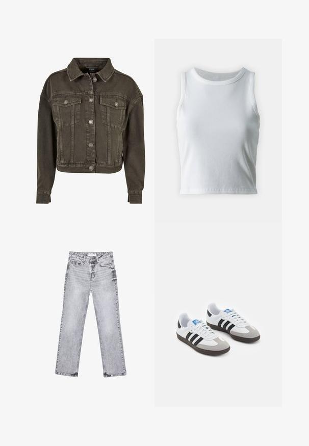 Lyhennetty tummanharmaa farkkutakki, jossa on kaksi rintataskua, hopeiset napit ja klassinen kaulus. Pehmeä, tekstuuriherkkä materiaali.; Valkoinen poimutettu hihaton toppi, jossa on pyöreä kaula-aukko, suora helma ja sileä, joustava materiaali.; Harmaat farkut suoran lahkeen leikkauksella, kulutettu yksityiskohtia, viisi taskua ja kuparinappi. Vyötärönauha sisältää logotagin.; Urheilukengät, joissa on valkoinen nahkainen päällinen, harmaa mokkanokka ja kolme mustaa raitaa. Ominaisuuksina sininen logo kielekkeessä ja kuvioitu kumipohja.