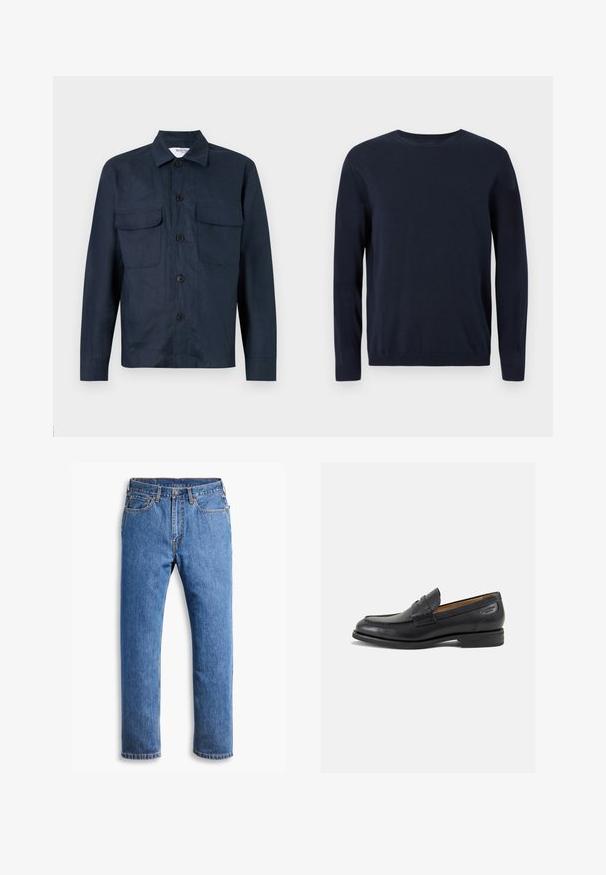 Tummansininen paita-takki, joka on valmistettu kevyestä kankaasta. Siinä on nappikiinnitys, kaksi rintataskua ja terävä kaulus. Sujuva pinta.; Tummansininen neulepaita, jossa on pitkät hihat, pyöreä kaula-aukko sekä ribbaus hihansuissa ja helmassa. Paitaa koristaa pieni logo rinnassa.; Siniset farkut suoran leikkuun kanssa, joissa on viisi taskua, napin kiinnitys ja oranssit ompeleet puhtaalla valkoisella taustalla.; Mustat nahkaloaferit, joissa on sileä pinta, pyöreä varvas ja koristeompeleet varpaansuojassa. Matala pinottu korko ja hieno kiilto.