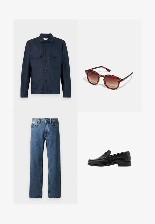 Námornícky modrá košeľová bunda vyrobená z ľahkej látky, s gombíkovým zapínaním, dvoma náprsné vreckami a špicatým golierom. Hladká textúra.; Biela polokošeľa s dlhými rukávmi vyrobená z bavlny. Má golier s gombíkmi, predné gombíky a rovný lem. Bez vzorov alebo akcentov.; Modré džíny s rovnými nohavicami a vysokým pásom, so zapínaním na gombík a zips, prednými vreckami a malou bielou značkovou nálepkou na pravom vrecku.; Čierne kožené loafers s hladkým povrchom, prešívané detaily na špičke a nízky dizajn podpätku pre pohodlie a štýl.; Korytnačkové slnečné okuliare s hnedými gradientovými šošovkami, zaobleným tvarom a čiernymi akcentmi na ramienkach; obsahujú dva malé kovové študov pri šošovkách.; Čierna kožená crossbody taška s preklopom, dvoma striebornými prackami, žltým prešívaním a nastaviteľným popruhom. Vyznačuje sa hladkou textúrou a kompaktným dizajnom.