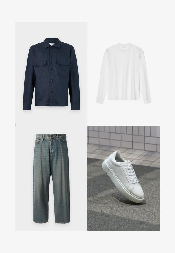 Granatowa koszula-kurtka wykonana z lekkiego materiału, z zapięciem na guziki, dwiema kieszeniami na piersi i kołnierzem w szpic. Gładka faktura.; Biała bawełniana koszulka z długim rękawem z okrągłym dekoltem i ściągaczami. Prosty, nieozdobny design, charakteryzujący się gładką fakturą i standardowym krojem.; Jasnoniebieskie dżinsy o luźnym kroju, średnim stanie i prostych nogawkach. Posiadają pięć kieszeni, szlufki na pasek oraz zapięcie na guzik.; Białe skórzane trampki z gładką powierzchnią, okrągłym noskiem i płaskimi białymi sznurowadłami. Posiadają teksturowaną gumową podeszwę oraz minimalistyczne elementy projektowe.