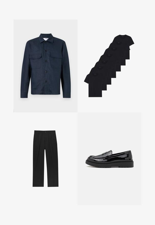 Navy blue shirt jacket made from lightweight fabric, featuring a button front, two chest pockets, and a pointed collar. Smooth texture.; Set of eight black cotton t-shirts with short sleeves and crew necks, featuring a plain design and a soft texture.; Black pants with a straight-leg design, made from a smooth fabric. Features front pleats and a single button closure at the waist.; Black patent leather loafers with a rounded toe, a decorative strap, and a thick black rubber sole. Smooth shiny texture with minimal stitching.