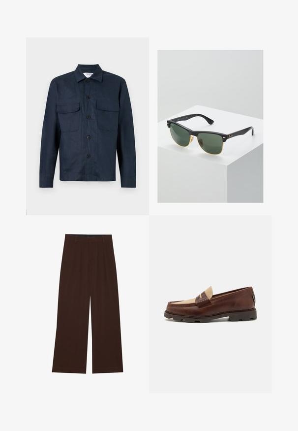 Navyblauwe overhemdjacket gemaakt van lichtgewicht stof, met een knopenfront, twee borstzakken en een puntige kraag. Gladde textuur.; Witte katoenen tanktop met een ronde halslijn, brede schouderbanden en een rechte zoom, met een gladde textuur en zonder zichtbare patronen.; Bruine wijde broek met plooien. Gemaakt van een gladde stof, met een op maat gemaakt tailleband en zijzakken. Rechte zoom aan de onderkant.; Bruine leren instappers met een taupe canvasaccent, gestikte details en een gestructureerde rubberen zool die is ontworpen voor comfort en duurzaamheid.; Ray-Ban zonnebrillen met groene lenzen, zwarte plastic monturen en gouden accenten aan de randen. Vierkante vorm met een matte afwerking.