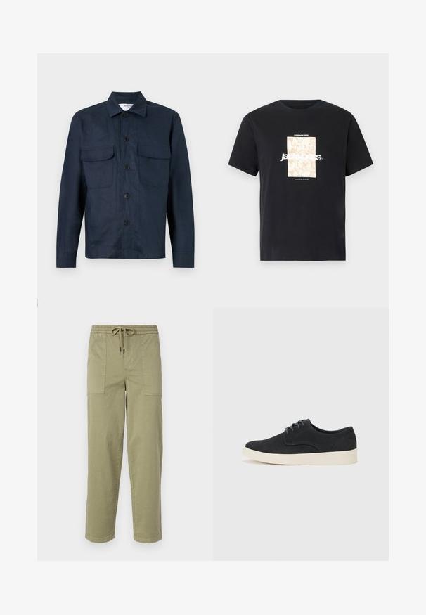 Navy blue shirt jacket made from lightweight fabric, featuring a button front, two chest pockets, and a pointed collar. Smooth texture.; Black cotton t-shirt with round neck. Features a beige rectangular graphic and white text, "JAWO," centered on the front. Short sleeves.; Light olive green pants made of cotton blend fabric, featuring an elastic waistband with drawstring, and two large side pockets.; Black suede lace-up shoe with a rounded toe, lightweight cream sole, and subtle blue stitching accents on the upper.