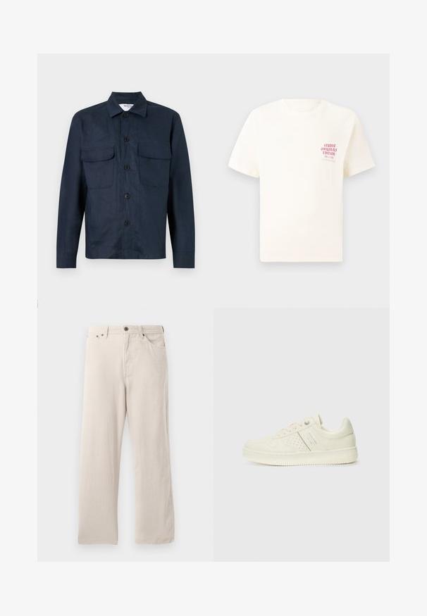 Mørkeblå skjortejakke lavet af letvægtsstof, med knaplukning, to brystlommer og en spids krave. Glat tekstur.; Hvid kortermet T-shirt med rød tekst "Studio Originals Edition" på venstre bryst, vist på en neutral grå baggrund.; Beige fløjl bukser med lige snit, der har en ribbet tekstur, fem-lomme design og knap-fly lukning.; Cremefarvet sneaker med perforeret detaljering, snørebånd og logo på siden, præsenteret mod en simpel hvid baggrund.