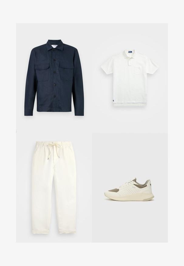 Námořnická modrá košile s kabátem vyrobená z lehkého materiálu, s zapínáním na knoflíky, dvěma náprsními kapsami a špičatým límcem. Hladká textura.; Bílá polo košile vyrobená z bavlny, s klasickým límcem, tříknoflíkovou légou a kapsičkou na levé straně hrudi; malá nášivka na lemu.; Světle krémové, volné kalhoty vyrobené z měkké látky. Mají elastický pás s tkaničkou a zúžený střih nohavic.; Bílé a světle béžové atletické tenisky, které mají síťovaný svršek, perforované detaily a texturovanou mezipodešev s logem na patě.