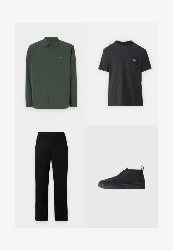 Tumma vihreä pitkähihaista paita, joka on valmistettu sileästä kankaasta. Paidassa on nappikaulus ja huomaamaton logo vasemmassa rintakehässä.; Mustat puuvillapaidat, joissa on lyhyet hihat, pyöreä pääntie ja pieni vihreä logo vasemmassa rintataskussa. Yksinkertainen muotoilu, normaali istuvuus.; Mustat housut, jotka on valmistettu puuvilla-sekoitekankaasta, suoran mallin, joustavan vyötärönauhan ja napin kanssa, ilman näkyviä kuvioita tai yksityiskohtia.; Mustat mokka nauhalla suljettavat nilkkasaappaat, joissa on vetotappi ja teksturoitu pohja, sekä pieni kohokuvioitu krokotiililogo sivulla.