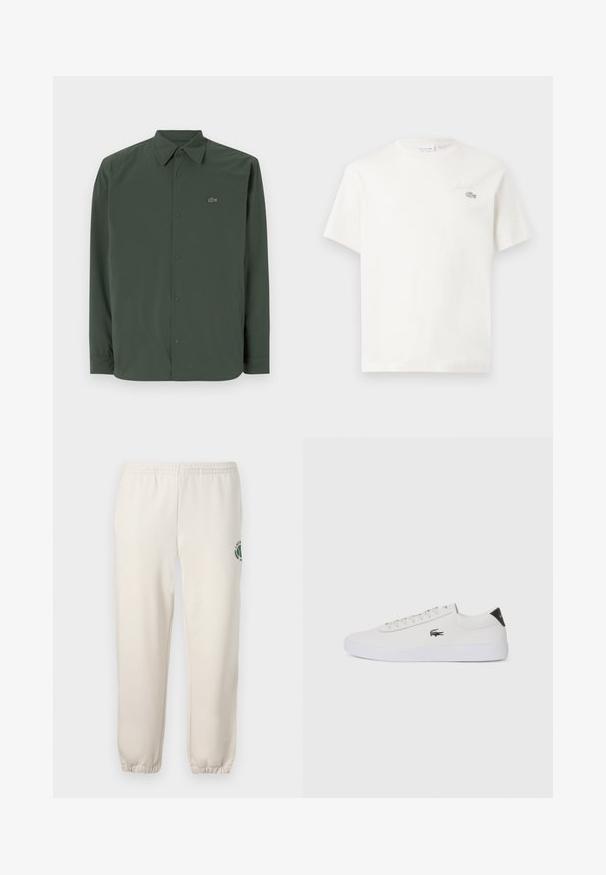 Cămașă verde închis cu mânecă lungă, realizată dintr-un material neted, cu guler cu butoane și un logo subtil pe partea stângă a pieptului.; Tricou alb din bumbac, cu mâneci scurte, având un logo brodat subtil și un design minimal. Textură moale, gât rotund.; Pantaloni de trening bej deschis, confecționați din bumbac, cu talie elastică, mansete ribbate și un logo verde cu design de frunză pe piciorul stâng.; Tenis din piele albă cu vârf rotund, sistem de prindere cu șireturi în față și accent negru la călcâi. Are un mic logo brodat cu crocodil pe lateral.