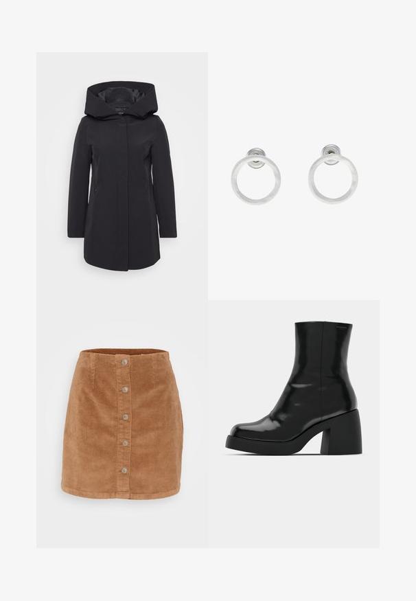 Črn lahkoten plašč z velikim, strukturiranim kapuco, vertikalnimi šivi, sprednjim zapiranjem in dvema stranskima žepoma. Gladka tekstura in prilegajoč kroj.; Trii dolgi rokavi kroji vrhovi zloženi, barve bela, bež in umirjena teal, z okroglimi izrezi na svetlo sivi podlagi.; Mini krilo iz korduroja v svetlo rjavi barvi z gumbnimi zapenjanjem spredaj, sedmimi srebrnimi gumbi in teksturirano, rebrasto tkanino.; Črne gležnjarje z sijajno površino, kvadratnim nosom in debelim blokskim peto. Oblikovanje izstopa s brezšivno silhueto in minimalnim logotipiranjem.; Srebrni kovinski obročasti uhani z brušenjem, s krožno obliko in prozornim zatičem za varno nošenje.