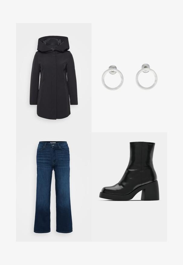 Black lightweight coat featuring a large, structured hood, vertical seams, front closure, and two side pockets. Smooth texture and tailored fit.; Three long-sleeve crop tops stacked, colors white, beige, and muted teal, with round necklines on a light gray background.; ONLY Petite ONLMADISON BLUSH WIDE - Wide Leg - dark blue denim; Black ankle boots with a glossy finish, square toe, and a thick block heel. The design features a seamless silhouette and minimal branding.; Silver metal hoop earrings with a brushed texture, featuring a circular design and a clear post back for secure wear.