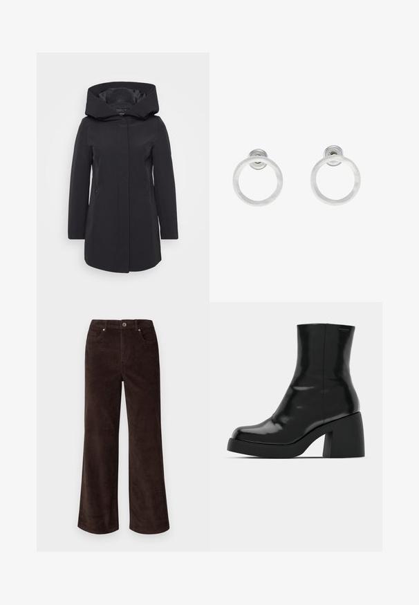 Mustmust must outfit, mille, mis on suur ja ülesehitatud kapuuts, vertikaalsed õmblused, esine kinnitamine ja kaks küljetaskut. Sujuv tekstuur ja vormitud istuvus.; Kolm pika varrukaga lühikest tsooni moodustavat topi, värvid valge, beež ja tuhm türkissinine, ümmarguste kaelustega, heleda halli tausta peal.; Vero Moda Petite VMTESSA PANTS - Püksid - chocolate torte; Mustad mustad, läikiva viimistlusega, ruudukujulise varbaga ja paksu plokktallaga. Kujundus sisaldab sujuvat siluetti ja minimaalset brändimist.; Hõbedased metallist rõngastooted, millel on harjatud tekstuur, ümmargune disain ja selge tagumine post, tagamaks kindlat kandmist.