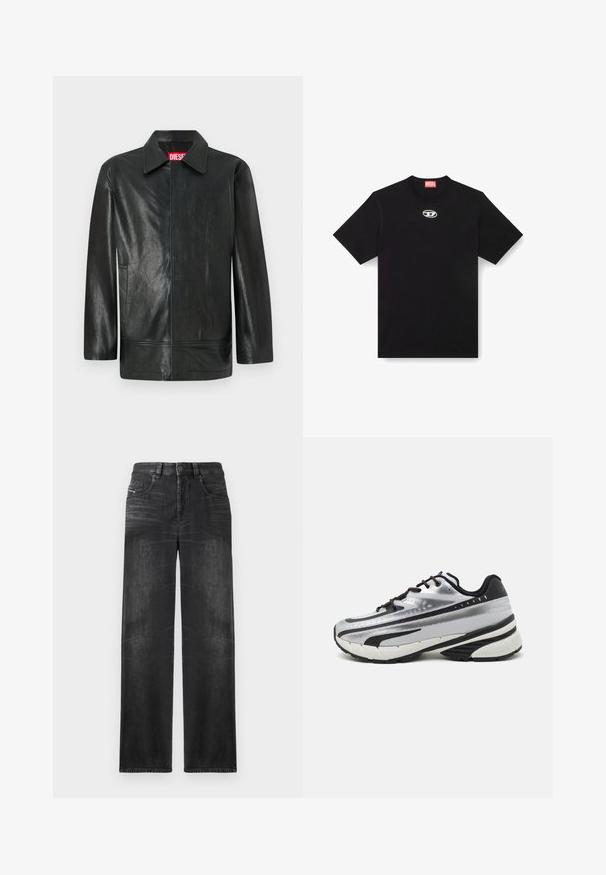 Casaco de cabedal preto com um colarinho clássico, abertura frontal única e design minimalista. Apresenta uma etiqueta de marca vermelha em destaque no interior.; Camiseta de algodão preta com decote redondo e mangas curtas. Apresenta um pequeno logótipo prata bordado na parte central da frente.; Calças de ganga de perna reta pretas, com cinco bolsos, passadores de cinto e um leve desbotado no tecido para textura.; Sapatilhas de corrida com um upper em malha prateada, detalhes em preto e sola branca. Apresenta um design texturizado e atacadores pretos. Leves e acolchoadas.