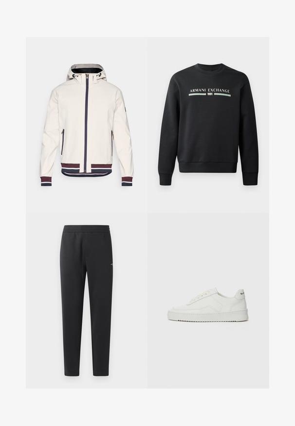 Lyst beige jakke med hætte, med en frontlynlås, to lynlåslommer og ribbede manchetter og kant i marineblå og bordeaux striber.; Sort sweatshirt lavet af blødt stof. Har en rund hals og lange ærmer. Forsiden viser "ARMANI EXCHANGE" og "1991" i kontrastfarver.; Sorte joggebukser lavet af blødt stof, med elastisk måle, lige ben og et enkelt lille logo detaljeret på siden.; Hvide lædersneakers med en glat overflade, rund tå, flade snørebånd og en tekstureret sål. Har et diskret logo på hælen.