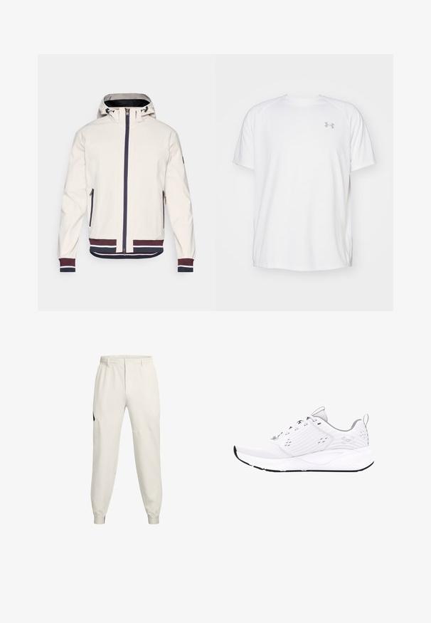 Helebees nahkjakker, millel on kapuuts, esi tõmblukk, kaks tõmblukuga taskut ning soonikute ja helmestusega navy ja marooni triibud.; Valge lühikeste varrukate ja sportliku lõikega särk, millel on sile kangas. Omab ümarat kaelust ja halli logo vasakul rinnal, ning külgsuured lõhik kui lõhateel.; Heledesbeez jogger-püksid, veniva vöökoha, küljetaskute ja soonikuga varrukatekestega; funktsioneerivad must logo aktsent vasakul puusal.; Valge spordijalats, millel on hingav võrkmaterjalist pealmine osa, kummist tald, tekstuuriga paneelid ja logo kandas. Omab paeltega sulgemist.