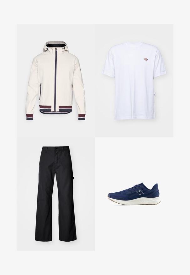 Lyst beige jakke med hætte, med en frontlynlås, to lynlåslommer og ribbede manchetter og kant i marineblå og bordeaux striber.; Hvid bomulds t-shirt med v-hals og korte ærmer. Har et lille farverigt broderet logo på venstre bryst. Blød tekstur.; Svarte breddebenede bukser fremstillet af holdbart stof. Har en knaplukning og sidelommer. Glat tekstur med et enkelt design.; Marine løbesko med tekstureret mesh-overdel, hvid mellemsål og lys brun ydersål. Har et minimalistisk design og diskret logo-detail.