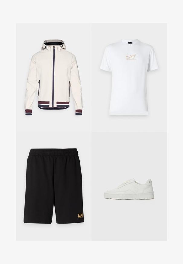 Világos bézs dzseki kapucnival, elülső cipzárral, két cipzáras zsebbel, valamint bordázott mandzsettákkal és szegéllyel, tengerészkék és bordó csíkokkal.; Fehér pamut póló, kerek nyakkivágással és rövid ujjakkal, az elején arany EA7 Emporio Armani logóval nyomtatva.; Fekete sportnadrág puha anyagból, rugalmas derékkal és egy kis sárga EA7 logóval a bal alsó lábszáron.; Fehér bőr sportcipő sima felülettel, kerek orral, lapos fűzőkkel és texturált talppal. Finom logó található a sarokon.