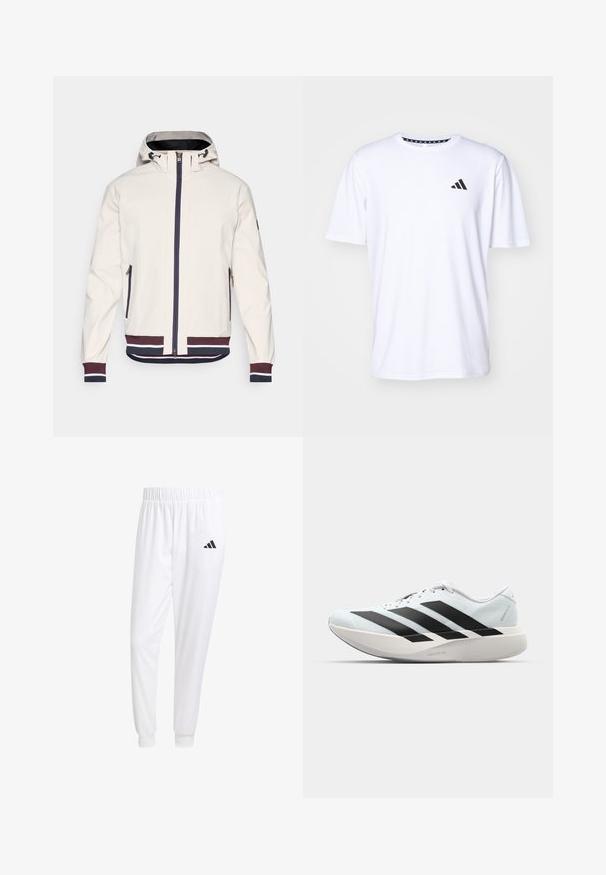 Jachetă bej deschis cu glugă, dotată cu un fermoar frontal, două buzunare cu fermoar și manșete și margine ribbate în dungi bleumarin și vișiniu.; Tricou alb cu mânecă scurtă dintr-un material cu o textură netedă. Dispune de un logo negru adidas pe pieptul stâng și un guler cu un model.; Pantaloni sport albi dintr-un material neted, cu un brâu elastic și mansete ajustate, având un logo negru pe buzunarul din spate.; Pantofi de alergare ușori în albastru deschis cu dungi negre. Au un superior neted, vârf rotund și o intermediară groasă albă etichetată "LIGHTSTRIKE PRO."