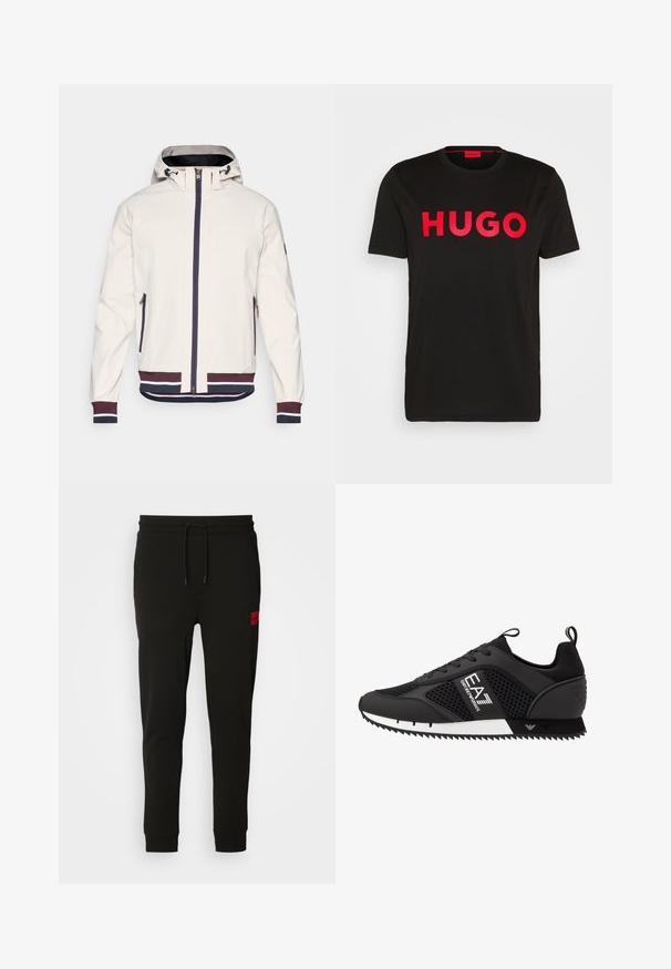 Helebees nahkjakker, millel on kapuuts, esi tõmblukk, kaks tõmblukuga taskut ning soonikute ja helmestusega navy ja marooni triibud.; Must päikese must puuvillane T-särk, millel on esiosas julge punane "HUGO" tekst, lühikesed varrukad, ümar kaelus ja mugav lõige.; Musta trenningpükste komplekt, mis on valmistatud pehmest kangast, jooned paisutamiseks, kitsas lõige ja punane logopatch vasakul reiel.; EA7 Emporio Armani Tossud - black/white
