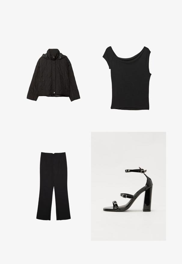 Schwarze gesteppte Jacke mit hohem Kragen, zwei vorderen Taschen und Kapuze. Verfügt über eine glatte Textur und einen Druckknopfverschluss.; Schwarzes Kurzarmoberteil aus glattem Stoff; hat einen drapierten Ausschnitt und einen asymmetrischen Saum, mit einem figurbetonten Körper.; Schwarze Hose mit geradem Schnitt, ausgestattet mit Fronttaschen und Seitenschlitzen am Saum. Hergestellt aus weichem, glattem Stoff. Geeignet für verschiedene Anlässe.; Schwarze patentierte Sandalen mit Absatz, quadratischer Spitze, Knöchelriemen und silbernen Schnallen. Mit einem stabilen Blockabsatz für mehr Stabilität.