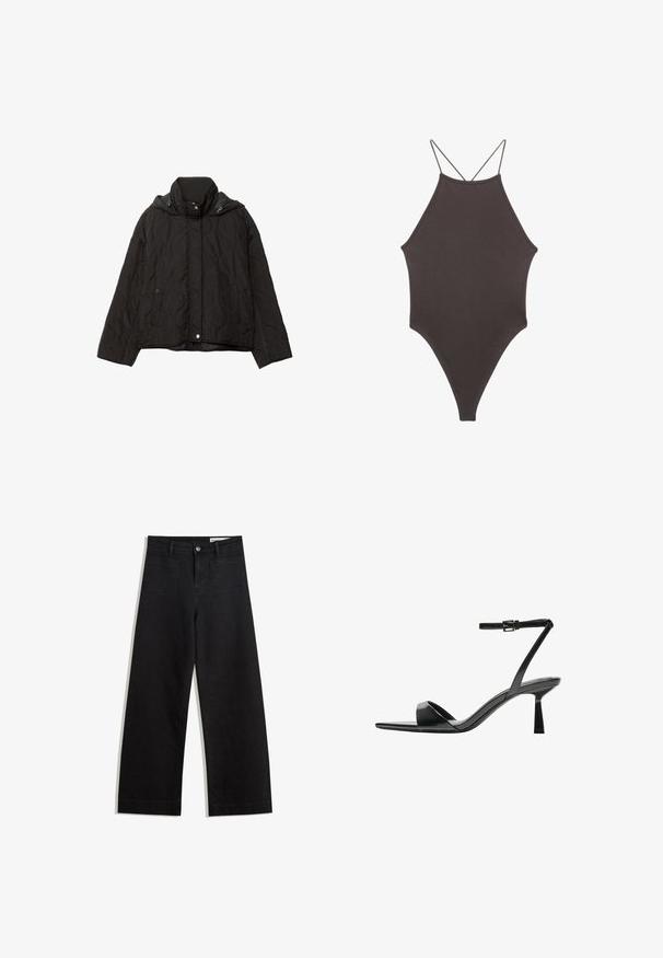 Sort kviltet jakke med højt krave, to frontlommer og hætte. Har en glat overflade og trykknaplukning.; Brun højhalset heldragt badedragt med tynde, justerbare stropper; har højt skåret ben og glat tekstur. Ingen mønstre eller udsmykninger.; Sorte wide-leg denim bukser med høj talje, der har front- og baglommer, syede sømme og en knaplukning. Glat tekstur.; Bershka Højhælede sandaletter / Højhælede sandaler - black