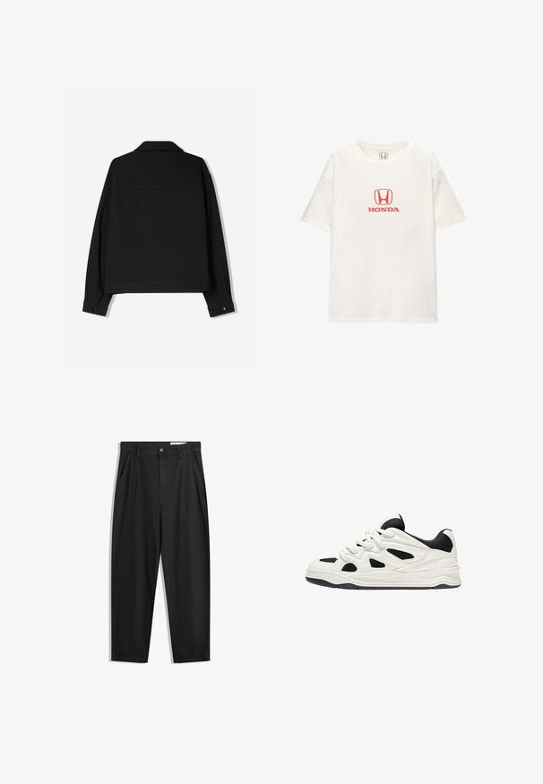 Crna tkanina jakna s dugim rukavima, ovratnikom i dugmadi na manžetama. Ima jednobojnu boju i ravni kroj.; Bijela pamučna majica s kratkim rukavima. Na sredini se nalazi crveni logo "HONDA" iznad pravokutnog emblema. Jednostavan, klasičan dizajn.; Crne pamučne hlače s opuštenim krojem, s klasičnim pojasom, prednjim nabranjima i bočnim džepovima. Glatka tekstura bez uzoraka.; Bijele i crne atletske cipele s teksturiranim đonom, s izrezanim dizajnom sa strana i pertlama, te podstavljenim stražnjim dijelom za podršku.