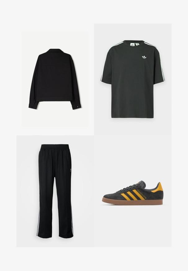 Black fabric jacket with long sleeves, a collar, and buttoned cuffs. Features a solid color and a straight cut design.; Black cotton t-shirt with short sleeves, crew neckline, and white three-stripe detailing on shoulders. Features a small white logo on chest.; Black athletic pants with an elastic waistband, featuring white side stripes and a small logo. Material appears soft and lightweight.; Black suede sneaker with yellow accents, featuring three stripes and a brown rubber sole. Includes a padded tongue for comfort.