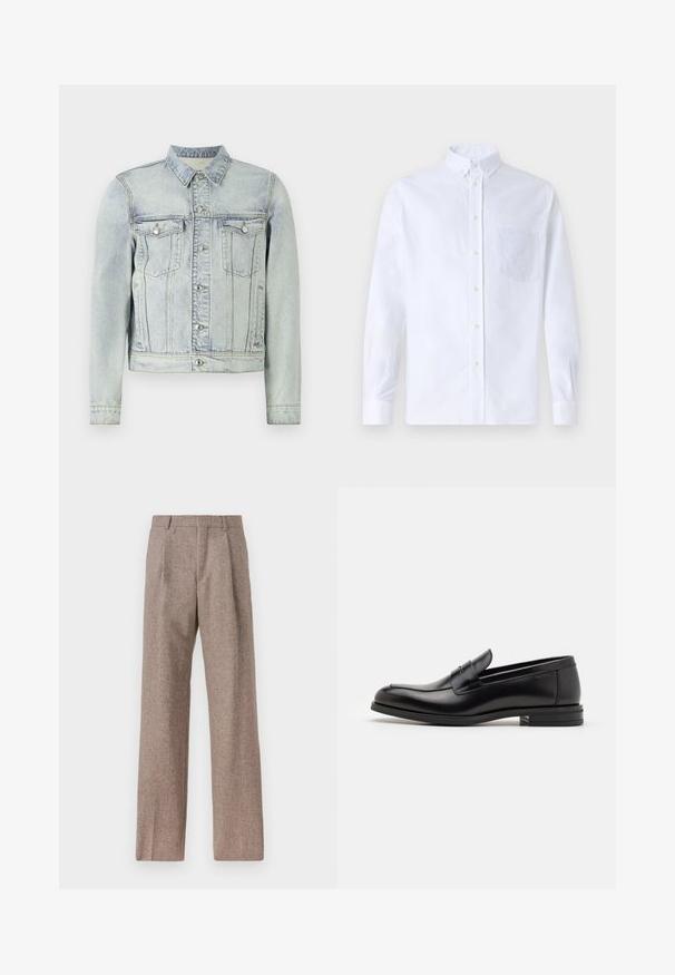 Hellblaue Jeansjacke mit Knopfverschluss, zwei Brusttaschen und klassischem Kragen. Strukturierter Stoff mit leichter Verfärbung.; Weißes Langarm-Hemd mit Knöpfen aus Baumwolle, ausgestattet mit einer Brusttasche mit tonalem Stickerei, einem Kragen und Knopfmanschetten.; Braune, hochtaillierte Hose aus strukturiertem Stoff. Mit weitem Bein und zwei vorderen Bügelfalten für zusätzliche Form. Saubere Verarbeitung ohne sichtbare Hardware.; Schwarze Lederloafers mit glatter Textur, rundem Zehenbereich und einem dekorativen Riemen über dem Vorderfuß. Niedriger, gestapelter Absatz, minimalistisches Design.