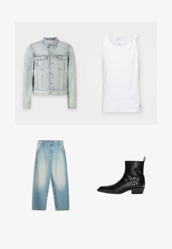 Vaaleat farkut takki, jossa on napit edessä, kaksi rintataskua ja klassinen kaulus. Rakenne on teksturoitu ja siinä on lievää kulumista.; Valkoinen hihaton paita, joka on valmistettu pehmeästä kankaasta ja jossa on solmittu olkapääyksityiskohta. Yksinkertainen muotoilu suoralla leikkauksella ja huomaamaton logo helmaosassa.; Vaaleansiniset haalistuneet farkut, joissa on löysä istuvuus, sivutaskut, vyölenkit ja napillinen vyötärön suljin.; Musta nahkasaapas nilkkapituisena, teräväkärkinen, koristeellinen hihna ja pyöreä solkiyksityiskohta, sekä matala korko. Sileä pinta, jossa on vain minimaalista ommelta.