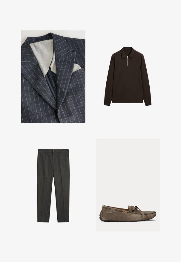 Marineblaues, gestreiftes Blazer mit einer strukturierten, hellgrauen Fütterung, mit Revers und einer Brusttasche, die ein weißes Taschentuch zeigt.; Dunkelbraunes Langarm-Polo-Shirt mit Kragen und einem kurzen silbernen Reißverschluss in der Mitte vorne.; Graue Wollmischungshose mit einem Nadelstreifenmuster, geradem Schnitt, seitlichen Taschen und einem vorderen Knopfverschluss. Strukturierter Stoff, glatte Textur.; Braune Wildleder-Mokassins mit abgerundeter Zehe, Leder-Schnürung und Quasten-Detail. Verfügt über eine robuste Gummisohle und dezente Markierung an der Seite.