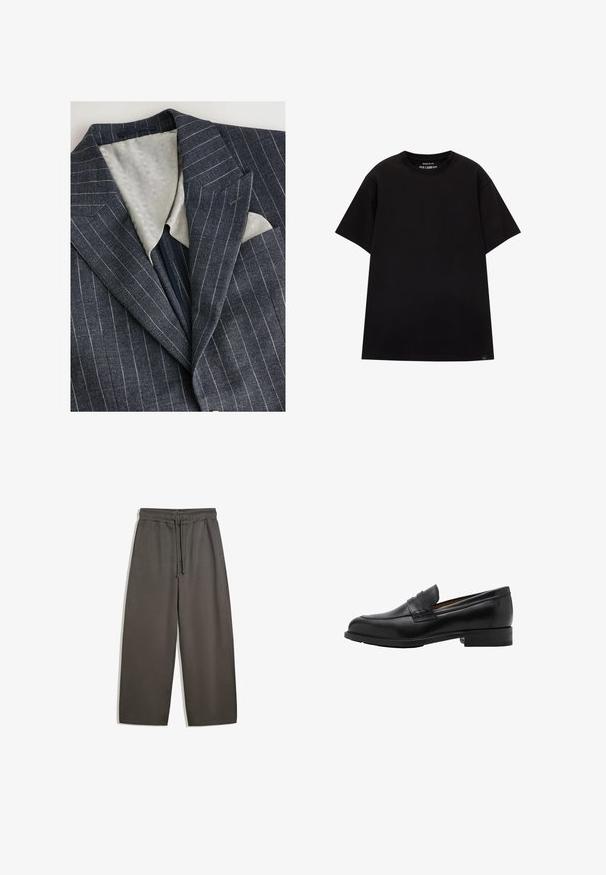Marineblauw gestreept blazer met een gestructureerde lichtgrijze voering, notch-lapels en een borstzak met een witte pochet.; PULL&BEAR JOIN LIFE - T-shirt basic - black; Donkergrijze wijde broek van zachte stof met een elastische tailleband en een trekkoord. Heeft twee zijzakken.; Zwarte leren instappers met een gestikte voorkant en een platte hak. Glad van textuur met een ronde neus en een decoratieve band over de wreef.