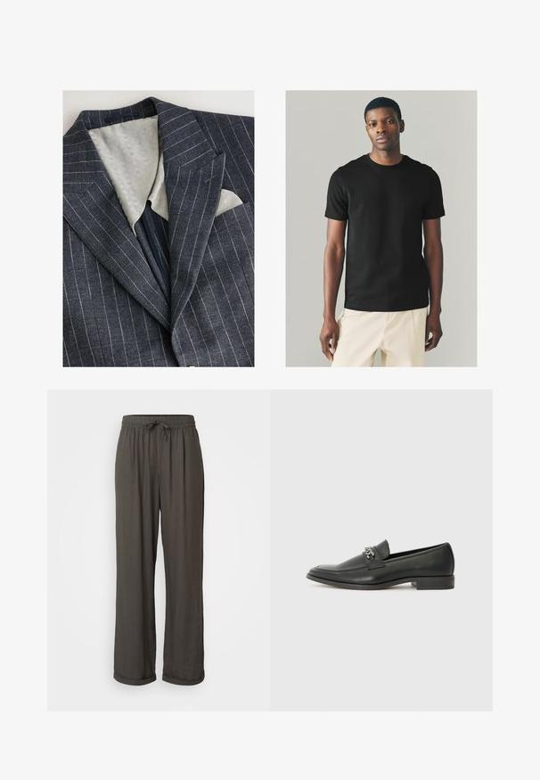 Tums zilas svītrains bleizera ar teksturētu gaiši pelēku oderi, ar izgrieztām apmalēm un krūšu kabatu, kurā ir balts kabatas lakatiņš.; Melnas kokvilnas T-krekls ar īsām piedurknēm, apaļu kakla izgriezumu un pieguļošu siluetu, kombinēts ar gaišām biksēm. Gluda tekstūra.; Tumši pelēki platajās bikses ar aukliņu jostu, izgatavotas no mīkstas, teksturētas auduma, ar sarullētām piedurknēm pie potītēm.; Melna ādas loafer izmēra apavi ar gludu virsmu, piedāvā ar šūtu dizainu un dekoratīvu metāla ķēdes akcentu pār vampu. Plakana papēža daļa.