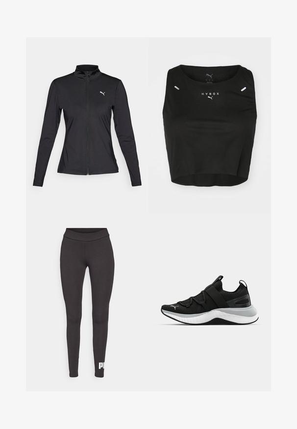 Black athletic jacket with long sleeves, zip-front closure, high collar, and white Puma logo on the left chest. Made from a smooth, stretchy material.; Black cropped tank top made of textured fabric, featuring a round neckline, white logo, and two small reflective accents on the shoulders.; Black leggings made of stretchable fabric, featuring a high waistband and a white logo printed on the lower left leg. Smooth texture.; Black athletic shoe with a textured upper, elastic straps, and a thick white midsole. Features a grey accent along the sole.