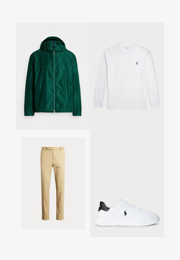 Polo Ralph Lauren FULL-ZIP HOODED JACKET - Vetrovka - new forest; Bela dolga majica s dolgimi rokavi iz bombaža. Ima okroglo ovratnico, rebraste manšete in majhen temno moder polo logo na levem prsnem delu.; Kahe barvni chinos narejeni iz gladkega bombažnega blaga, ki ponujajo prilegan dizajn, sprednje pregibe in manšete pri gležnju za ozko silhueto.; Bela nizka športna obutev s črnim petnim delom in črnim logotipom Polo Ralph Lauren na strani, z belimi vezalkami in debelim gumijastim podplatom.