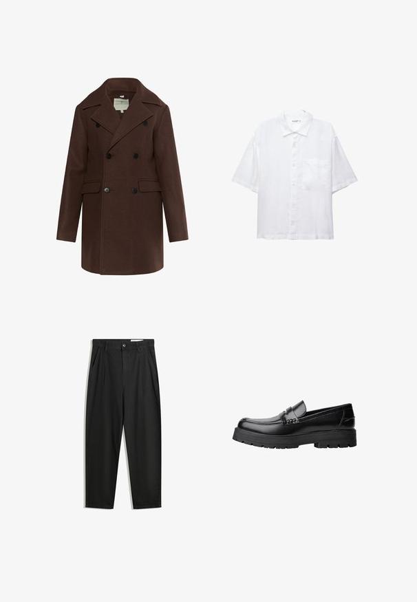 Cappotto marrone doppiopetto realizzato in tessuto strutturato, con rever a punta, due tasche frontali e bottoni neri.; Camicia bianca a maniche corte con chiusura a bottoni, colletto e una singola tasca sul petto. Realizzata in tessuto leggero con una texture liscia.; Pantaloni in cotone neri con una vestibilità rilassata, dotati di una vita classica, pieghe frontali e tasche laterali. Tessuto liscio senza fantasie.; Mocassino in pelle nera con suola spessa e tassellata e fascia decorativa sulla parte superiore, mostrato in profilo sinistro su sfondo bianco.